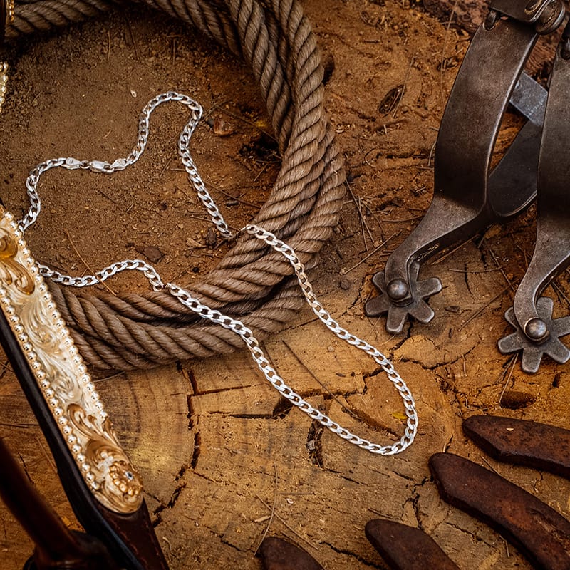 A silver chain with western items on the floor